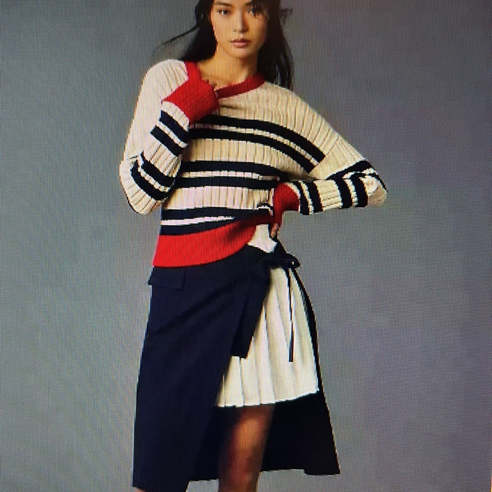 Anthroplogie RIB CREW Compact Pullover Sweater XL Striped Creme Red Blue Hampton